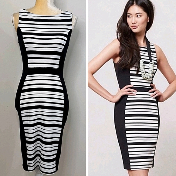 Weston Wear Anthropologie Black White Spliced Striped Lace Bodycon Midi Dress XS - Picture 1 of 12
